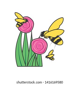 bee insect with rose nature and leafs