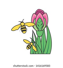 bee insect with rose nature and leafs