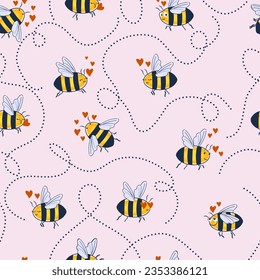 Bee insect sign icon seamless pattern. Love eyes heart emoticons. Valentine's Day bee icon. Symbol of honey production, healthy natural food 
