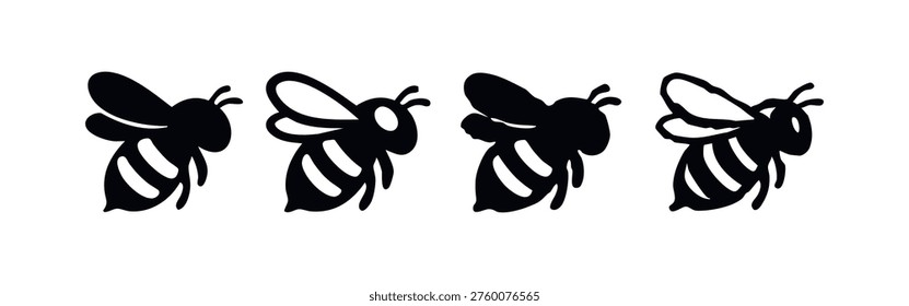 Bee Insect Silhouette Icon Set with Solid and Outline Styles