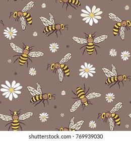 bee insects cartoon doodle seamless pattern