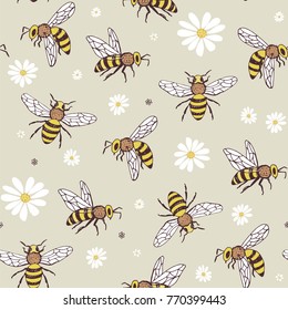 bee insects cartoon doodle seamless pattern