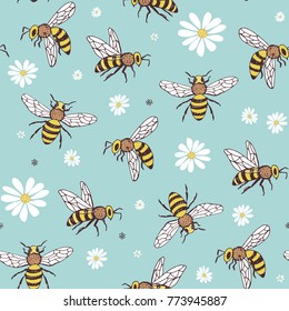 bee insects cartoon doodle seamless pattern