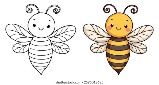 Bee Isolated Line Art Vector Outline Illustration Black and White with Coloring Sample
