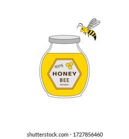 Bee and jar with honey. Simple vector flat illustration isolated on white background