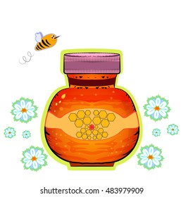 Bee and a jar of honey. Vector Image on Food theme