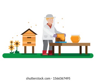 bee keeper harvesting honey flat illustration design vector 