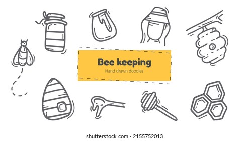 Bee Keeping Hand Drawn Doodle Icons, Honeycomb, Beehive Sketch Icon Set, Honey Pot Line Symbols, Isolated On White Background.