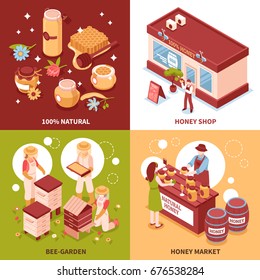 Bee keeping honey production and sale 4 isometric icons concept with beehives and market isolated vector illustration 