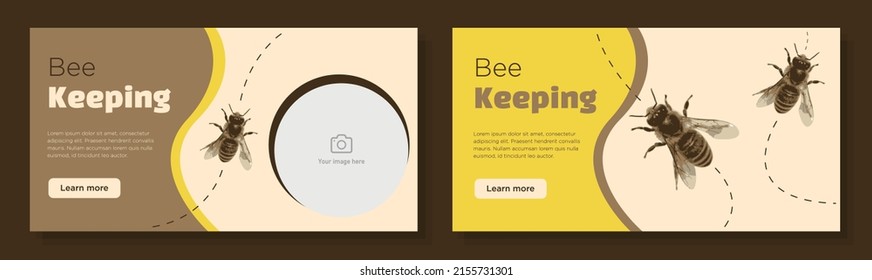 Bee keeping online banner template set, save the bees advertisement, horizontal ad, honey hive campaign webpage, animal protection flyer, creative brochure, isolated on background.
