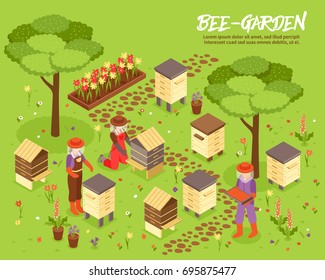 Bee keeping yard with beehives honey harvesting isometric poster with apiary friendly plants garden background vector illustration 