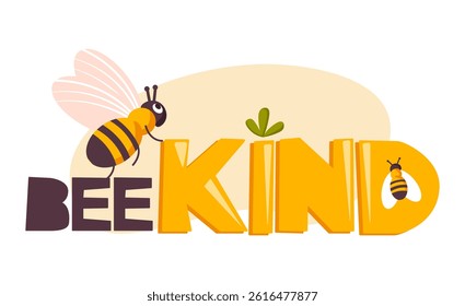 Bee kind funny inspirational card with bees and lettering phrase in modern calligraphy style. Colorful quote about kindness with yellow and black colors. Be kind motivational vector illustration.