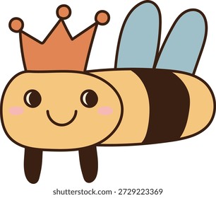 Abelha rei com coroa, rosto sorridente, corpo listrado e asa arredondada em negrito contorno. Símbolo real de sucesso, liderança e felicidade usando inseto monarca e mascote sorridente. Ilustração de vetor de desenhos animados.