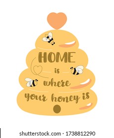 Bee kitchen sign, beehive home welcome sign decor. Cute honey symbols, bees. Home is where your honey is text