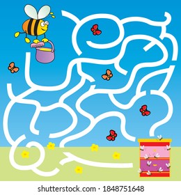 bee, labyrinth, board game, find right way, vector illustration