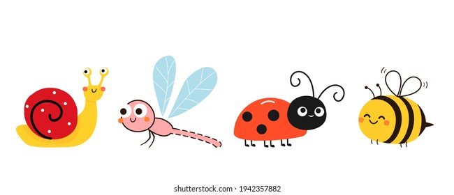 Bee, ladybug, dragonfly and snail cartoons isolated on white background vector illustration.
