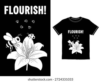 abelha joaninha e lírio flor design em camisa preta florescer