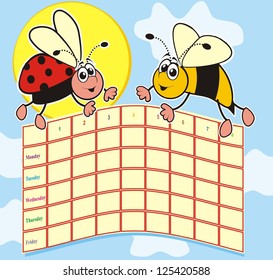 bee and ladybug, school timetable, vector drawing