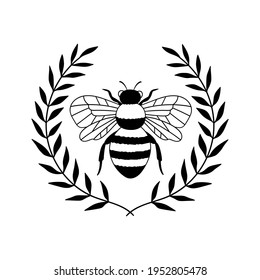 Bee Laurel Wreath Outline Drawing Line Stock Vector (Royalty Free ...