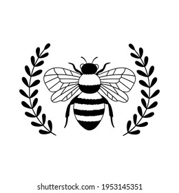 Bee laurel wreath. Outline drawing. Line vector illustration. Isolated on white background. Design of invitations, wedding or greeting cards.