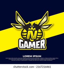 Bee letter N logo design, Hornet bee mascot esport logo design, Angry bee esport mascot logo icon.
