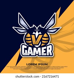 Bee letter V logo design, Hornet bee mascot esport logo design, Angry bee esport mascot logo icon.