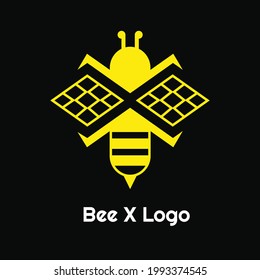 Concepto de logotipo de abeja y letra X. Sencillo. Amarillo, negro y blanco. Logotipo, icono, símbolo, mascota y signo. Monograma