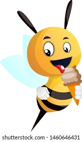 Bee licking ice cream, illustration, vector on white background.