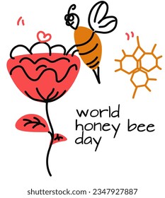bee in line art drawing style. Black linear sketch isolated on white background. Hand drawn vector illustration.World Honey bee Day August 20th