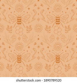 Bee line art seamless pattern, honey concept, plants and leaves.