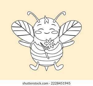 Icono de línea de abeja. Carácter encantador y lindo con flores. Flora y fauna, insectos y biología. Pegatina para redes sociales y mensajeros de estilo minimalista. Dibujo vectorial plano de dibujos animados