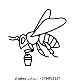 Bee, line icon. Working bee, side view, stylised pictogram. Honey production, pollen collection by bee. Linear illustration, editable strokes, minimalist symbol