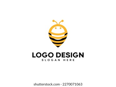 Abeja con el diseño de logotipo de la ubicación sobre fondo de lujo. Concepto del logo de la abeja. Diseño de icono de ubicación. Abeja con estacionamiento elegante y icono profesional sobre fondo blanco.