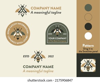 Bee Logo and Brand Guidelines. Warm earth colours modern Logotype, badge. Eco Branding emblem template, seamless pattern. Nature, environment, ecology, insects themes