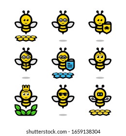 Bee Logo Collection with Nine Different Characters of Bees. Concept Design Vector. Contains Queen Bee, Geek, Smart Worker, Guard, Robot, Leaf, Hive in Cute Cartoon Style