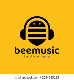 Bee logo forms a headset as a symbol of music with yellow color