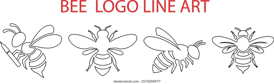 a bee logo line art vector illustration set .