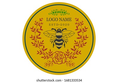 bee logo, bee in the middle of wreath with orange circle background