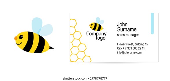 Bee logo and a modern white business card for the honey company.  Template design Business Card. Vector illustration in flat style.