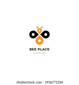 Bee logo with pin map shape to symbolize location, tourism, adventure, address