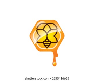 bee logo from round guide lines forming a hexagon flower inside glossy hive honey drops