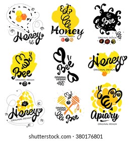 Bee logo. Sweet honey logo. Handmade logotype on the theme of beekeeping. Natural bee products. Logos made by hand ink. Yellow spot of honey with the bee logo. Beehive with bees logo. Honeycomb logo