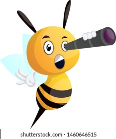 Bee looking through telescope, illustration, vector on white background.