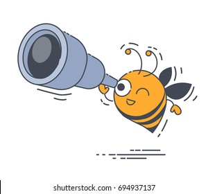 Bee looks through the telescope. Vector illustration