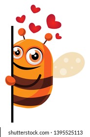 Bee in love looking behind wall, illustration, vector on white background.