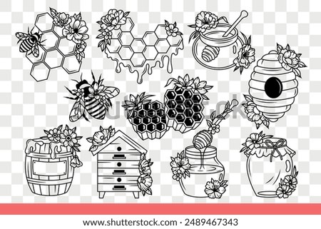 Bee making honey near honeycombs and nest or jars with barrels filled with syrup. Honey from fresh harvest, without added sugar, collected by beekeeper in apiary. Hand drawn doodle