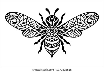 Bee mandala. Vector silhouette illustration. Monochrome zentangle bumblebee. Linear art symbol. Vintage insect.