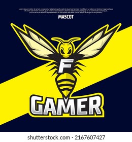 Bee Mascot Letter F Logo Design Template, Wasp Icon Vector, Buzz Logo, Sting Icon, Bee Logo Gamer