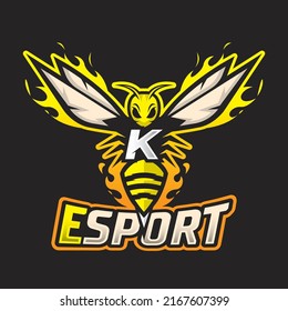 Bee Mascot Letter K Logo Design Template, Wasp Icon Vector, Buzz Logo, Sting Icon, Bee Logo Gamer