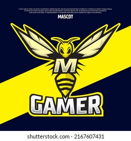 Bee Mascot Letter M Logo Design Template, Wasp Icon Vector, Buzz Logo, Sting Icon, Bee Logo Gamer